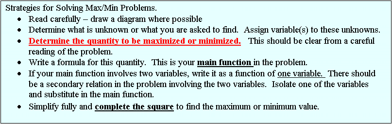 Text Box: Strategies for Solving Max/Min Problems.
	Read carefully  draw a diagram where possible
	Determine what is unknown or what you are asked to find.  Assign variable(s) to these unknowns.
	Determine the quantity to be maximized or minimized.   This should be clear from a careful reading of the problem.  
	Write a formula for this quantity.  This is your main function in the problem.
	If your main function involves two variables, write it as a function of one variable.  There should be a secondary relation in the problem involving the two variables.  Isolate one of the variables and substitute in the main function.
	Simplify fully and complete the square to find the maximum or minimum value.
