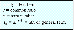 Text Box: a = t1 = first term
r = common ratio
n = term number
 
