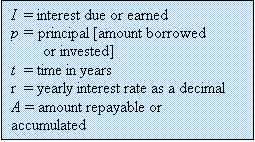 Text Box: I  = interest due or earned
p = principal [amount borrowed                                
        or invested]
t  = time in years
r  = yearly interest rate as a decimal
A = amount repayable or accumulated
