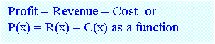 Text Box: Profit = Revenue  Cost  or
P(x) = R(x)  C(x) as a function
