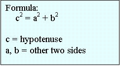 Text Box: Formula:
    c2 = a2 + b2

c = hypotenuse
a, b = other two sides
