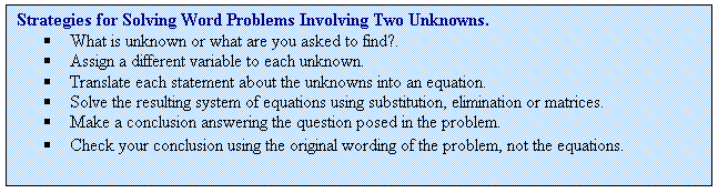 Rectangular Callout: Strategies for Solving Word Problems Involving Two Unknowns.
	What is unknown or what are you asked to find?.
	Assign a different variable to each unknown.
	Translate each statement about the unknowns into an equation.
	Solve the resulting system of equations using substitution, elimination or matrices.
	Make a conclusion answering the question posed in the problem.
	Check your conclusion using the original wording of the problem, not the equations.
