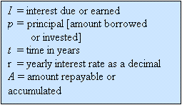 Text Box: I  = interest due or earned
p = principal [amount borrowed                                
        or invested]
t  = time in years
r  = yearly interest rate as a decimal
A = amount repayable or accumulated
