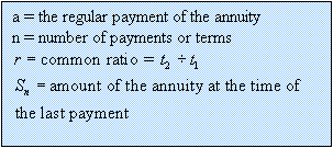 Text Box: a = the regular payment of the annuity 
n = number of payments or terms 
 
