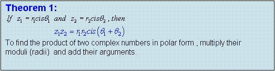 Text Box: Theorem 1:  
 
To find the product of two complex numbers in polar form , multiply their moduli (radii)  and add their arguments.
