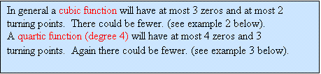 Text Box: In general a cubic function will have at most 3 zeros and at most 2 turning points.  There could be fewer. (see example 2 below).
A quartic function (degree 4) will have at most 4 zeros and 3 turning points.  Again there could be fewer. (see example 3 below).
