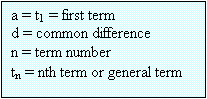 Text Box: a = t1 = first term
d = common difference
n = term number
tn = nth term or general term
