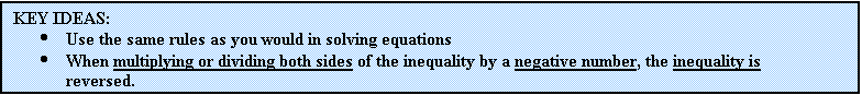 Text Box: KEY IDEAS:
	Use the same rules as you would in solving equations
	When multiplying or dividing both sides of the inequality by a negative number, the inequality is reversed.
