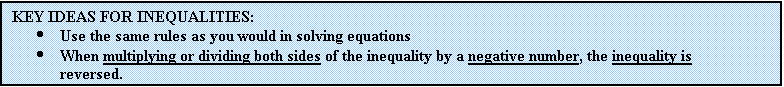 Text Box: KEY IDEAS FOR INEQUALITIES:
	Use the same rules as you would in solving equations
	When multiplying or dividing both sides of the inequality by a negative number, the inequality is reversed.
