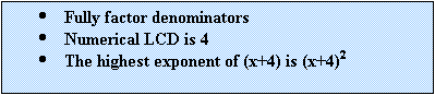 Text Box: 	Fully factor denominators
	Numerical LCD is 4
	The highest exponent of (x+4) is (x+4)2
